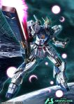  amasaki_yusuke axis_(gundam) char&#039;s_counterattack full_body glowing glowing_eyes gundam gundam_arsenal_base holding holding_weapon mecha no_humans nu_gundam_(rx-93ff) official_art robot space weapon 