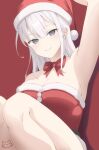  1girl arm_up armpits bangs bare_shoulders belt black_belt bow bowtie breasts christmas dress fur-trimmed_dress fur-trimmed_headwear fur_trim grey_eyes hat highres keihh large_breasts long_hair looking_at_viewer no_bra original red_bow red_bowtie red_dress red_headwear santa_costume santa_hat short_dress sitting smile solo strapless strapless_dress thighs tube_dress white_hair 