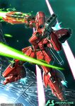  amasaki_yusuke char&#039;s_counterattack english_text full_body glowing glowing_eyes gundam gundam_arsenal_base holding holding_weapon mecha no_humans official_art robot sazabi_(msn-04ff) space weapon 