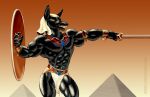  abs anthro anubis biceps bottomwear canid canine canis clothing deity egyptian_clothing egyptian_headdress egyptian_mythology holding_object holding_shield holding_weapon jackal loincloth male mammal melee_weapon middle_eastern_mythology muscular muscular_anthro muscular_male muscular_thighs mythology nails open_mouth outside pyramid rjbartrop_(artist) shield solo sword teeth weapon 