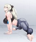  1girl ass barefoot breasts fate/grand_order fate_(series) feet foot_focus from_side green_eyes grey_hair gym koucha_indian large_breasts long_hair looking_at_viewer morgan_le_fay_(fate) muscular muscular_female ponytail solo sports_bra spread_legs toes vest 
