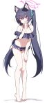  1girl absurdres animal_ears bare_shoulders barefoot bikini black_bikini black_hair blue_archive cat_ears closed_mouth extra_ears frilled_bikini frilled_swimsuit frills full_body halo highres legs long_hair looking_at_viewer navel pn_(wnsl216) red_eyes serika_(blue_archive) serika_(swimsuit)_(blue_archive) simple_background smile solo standing stomach swimsuit white_background 