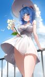  1girl :o absurdres ahoge berserker_r bird blue_hair blue_sky blush bow breasts cameltoe cloud covered_navel dress flower frills ganyu_(genshin_impact) genshin_impact hand_on_railing hat hat_bow highres holding holding_flower horns large_breasts long_hair looking_at_viewer no_nose outdoors panties parted_lips purple_eyes qingxin_flower railing see-through see-through_dress short_dress sidelocks sky solo strap_slip sun_hat thighs underwear white_dress white_panties wind wind_lift 