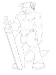 abs anthro balls_bulge bottomwear bovid bovine bulge clothed clothing ear_piercing european_mythology facial_piercing fingernails genitals greek_mythology hair hair_over_eyes hi_res holding_melee_weapon holding_object holding_sword holding_weapon hooves horn horn_jewelry ineffective_bottomwear jewelry male mammal melee_weapon minotaur mythology nails nipples nose_piercing nose_ring pandottermon penis piercing ring_piercing solo sword topless vein veiny_penis weapon