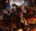 4boys :/ :d alcohol belt belt_buckle black_belt black_hair black_jacket black_necktie black_pants black_shoes black_suit blonde_hair bouquet buckle closed_mouth collared_shirt couch crew_neck crossed_bangs crossed_legs cup cupping_glass dark-skinned_male dark_skin drinking_glass earrings ensemble_stars! falling_petals feet_out_of_frame figure_four_sitting flower foot_out_of_frame full_moon glint grey_eyes grey_hair grey_shirt grey_undershirt grin hair_between_eyes hakaze_kaoru highres holding holding_bouquet holding_cup jacket jewelry knee_up korean_commentary long_sleeves looking_at_viewer male_focus medium_hair moon multiple_boys necklace necktie night ogami_koga on_couch on_floor open_clothes open_collar open_jacket open_window otogari_adonis oxfords pants panza petals purple_hair red_eyes red_flower red_rose ring rose sakuma_rei_(ensemble_stars!) shirt shoes short_hair sitting smile stud_earrings suit suit_jacket undead_(ensemble_stars!) undershirt v-shaped_eyebrows white_shirt window wine wine_glass yellow_eyes 