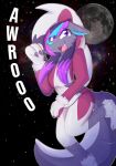 anthro awoo black_hair canid canine canis clothed clothing digital_media_(artwork) english_text female hair highlights_(coloring) howl hybrid kitsunekotaro looking_at_viewer mammal moon onesie open_mouth smile solo sonja_wusky text wolf