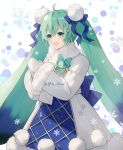  1girl ahoge aqua_eyes aqua_hair back_bow bangs blue_bow blue_ribbon blush bow commentary diagonal-striped_bow fur-trimmed_sleeves fur_trim gloves green_bow hair_between_eyes hair_ornament hair_ribbon hands_up hatsune_miku highres ihoku_nina jacket long_hair long_sleeves looking_to_the_side open_mouth own_hands_together ribbon skirt smile snowflakes solo standing twintails upper_body very_long_hair vocaloid white_gloves white_jacket white_skirt 