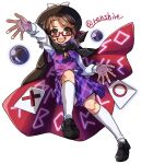  1girl :d black_footwear black_headwear bow brown_hair cape full_body hat hat_bow highres low_twintails occult_ball one-hour_drawing_challenge open_mouth plaid plaid_skirt plaid_vest purple_skirt purple_vest red-framed_eyewear renshirenji runes semi-rimless_eyewear shirt short_hair simple_background skirt smile socks solo touhou twintails twitter_username under-rim_eyewear usami_sumireko vest white_background white_bow white_shirt white_socks zener_card 