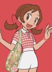  1girl :d alternate_costume bangs bow braid brown_eyes brown_hair buttons checkered_clothes checkered_shirt commentary cowboy_shot elizabeth_(tomas21) green_bag hair_bow hands_up highres long_hair looking_at_viewer lyra_(pokemon) open_mouth pink_background pokemon pokemon_(game) pokemon_hgss shirt short_sleeves shorts simple_background smile solo twintails w_arms white_shorts 