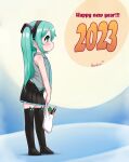  1girl 2023 aged_down animal_ear_legwear bag bare_arms bare_shoulders black_hairband black_skirt black_thighhighs blue_eyes blue_hair blue_necktie blush bottle cat_ear_legwear closed_mouth commentary from_side grey_shirt hairband happy_new_year hatsune_miku highres holding kionant long_hair miniskirt necktie no_shoes paper_bag pleated_skirt profile shirt signature skirt solo thighhighs twintails very_long_hair vocaloid zettai_ryouiki 