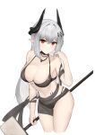  1girl absurdres arknights bangs bare_arms bare_shoulders bikini black_bikini black_choker breasts choker cleavage commentary cropped_legs grey_hair hair_between_eyes hammer highres holding holding_hammer holding_weapon horns large_breasts long_hair looking_at_viewer mudrock_(arknights) mudrock_(silent_night)_(arknights) navel official_alternate_costume pointy_ears red_eyes sarea_(sarea2020) simple_background solo standing stomach swimsuit thighs very_long_hair weapon white_background 