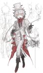  1boy :d belt black_boots boots braid cape colored_skin fang frilled_shirt frills full_body gloves grey_gloves hat highres holding holding_sword holding_weapon male_focus multicolored_boots multicolored_hair original pants red_cape red_pupils red_ribbon ribbon shirt short_hair sketch_inset skin_fang smile standing sword twin_braids two-tone_boots two-tone_cape two-tone_hair weapon white_background white_belt white_cape white_eyes white_hair white_hat white_pants white_skin wuwuren 