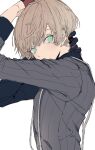  1boy black_sweater covered_mouth dankira!!! facing_viewer gloves green_eyes grey_background light_brown_hair long_sleeves looking_to_the_side male_focus miki_nozomu mole mole_under_eye short_hair sneezecoon solo suspenders sweater 