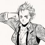  1girl breasts cleavage closed_mouth csmbtc dorohedoro earrings eyelashes greyscale hand_on_own_face highres inktober jacket jewelry looking_at_viewer monochrome noi_(dorohedoro) shirt short_hair signature simple_background solo upper_body 