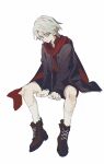  1boy aged_down black_jacket black_shorts blue_eyes boots closed_mouth commentary devil_may_cry_(series) devil_may_cry_4 dot_nose frown full_body hashtag-only_commentary highres jacket lace-up_boots long_sleeves looking_to_the_side male_focus nero_(devil_may_cry) parted_bangs red_scarf scarf shorts sideways_glance simple_background sitting sixgod socks unzipped white_background white_hair white_socks zipper 