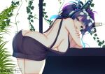 1girl :d android ass aties20 backless_dress backless_outfit bare_arms bare_shoulders bent_over black_sweater blue_eyes blue_hair breasts commentary_request dress headgear heart large_breasts looking_at_viewer looking_back melody_(projektmelody) meme_attire multicolored_hair naked_sweater purple_hair ribbed_sweater simple_background smile solo streaked_hair sweater sweater_dress virgin_killer_sweater virtual_youtuber vshojo white_background 