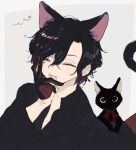  1boy 1other animal_ears black_cat border brown_hair cat cat_boy cat_ears cat_tail closed_eyes collared_shirt dankira!!! fang grey_background male_focus multicolored_hair open_mouth red_hair shirt short_hair smile sneezecoon tail white_border yagami_soma 