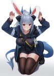  1girl absurdres animal_ears arknights arms_up black_footwear black_skirt black_sweater blue_hair blue_jacket blush boots breasts bunny_pose commentary_request dragon_horns fake_animal_ears highres horns id_card jacket kneeling large_breasts light_blue_hair liskarm_(arknights) long_hair long_sleeves looking_at_viewer miniskirt open_clothes open_jacket pleated_skirt ponytail rabbit_ears red_eyes sidelocks simple_background skindentation skirt solo sthk sweatdrop sweater tail thighhighs white_background 