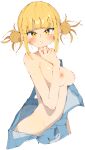  1girl absurdres blonde_hair blue_overalls boku_no_hero_academia breasts closed_mouth double_bun hair_bun highres looking_at_viewer medium_breasts nipples overalls overalls_pull rasusurasu short_hair simple_background solo toga_himiko white_background yellow_eyes 