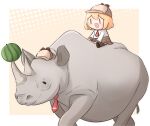  1girl absurdres animal bangs blonde_hair chibi deerstalker hat highres hololive hololive_english long_sleeves moon_ldl necktie open_mouth red_necktie rhinoceros riding shirt short_hair smile smol_ame tail virtual_youtuber watson_amelia white_shirt 