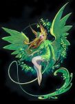  1girl artist_name black_background blonde_hair drachenmagier english_commentary fairy fantasy full_body green_wings leaf long_hair looking_at_viewer original pointy_ears simple_background solo wings 