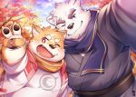  2023 anthro autumn belly blush canid canine canis clothed clothing domestic_dog duo hi_res hinami humanoid_hands kemono male mammal one_eye_closed outside overweight overweight_male scarf shirt topwear wink 