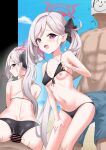  1boy 1girl abs ass back bar_censor beach bikini bikini_top_lift black_bikini blue_archive blue_sky blush breasts buttjob buttjob_over_clothes censored closed_mouth clothes_lift cloud doodle_sensei_(blue_archive) flower front-tie_bikini_top front-tie_top grey_hair hair_flower hair_ornament halo heart hetero leaning_forward lifting_own_clothes long_hair multiple_views mutsuki_(blue_archive) navel nipples open_mouth paper_on_head penis penis_on_ass pointy_ears pov purple_eyes red_flower red_halo rumiya9i sensei_(blue_archive) side_ponytail sky small_breasts smirk smug stomach sweat swimsuit trembling very_long_hair water 