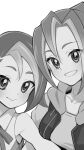  2girls :&gt; :d collarbone commentary_request commission greyscale highres hood hood_down hoodie looking_at_viewer mizuki_kotori_(yu-gi-oh!) monochrome multiple_girls neck_ribbon ribbon sachi_(yu-gi-oh!) selfie shirt simple_background skeb_commission sleeveless sleeveless_shirt smile ukokkei upper_body white_background wing_collar yu-gi-oh! yu-gi-oh!_zexal 