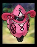  black_border blurry blurry_background border commentary elizabeth_(tomas21) floating full_body green_eyes hat highres long_hair looking_at_viewer no_humans peeking_out pink_hair pokemon pokemon_(creature) solo tapu_lele 