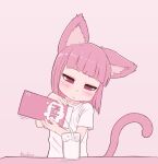  1girl animal_ears blush bob_cut cat_tail closed_mouth english_text glass half-closed_eyes head_tilt kionant medium_hair milk milk_carton original pink_eyes pink_hair pink_theme pouring shirt short_sleeves signature solo tail white_shirt 