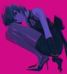  1girl bare_shoulders black_dress black_eyes black_gloves black_hair closed_mouth dress empty_eyes gloves hair_between_eyes highres looking_at_viewer monogatari_(series) oshino_ougi rhinth short_hair simple_background solo tagme thighhighs 