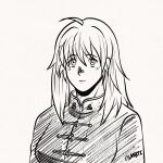  1girl ahoge chinese_clothes closed_mouth commentary csmbtc dorohedoro english_commentary eyelashes greyscale hair_between_eyes highres inktober long_hair long_sleeves monochrome noi_(dorohedoro) simple_background solo tangzhuang upper_body 