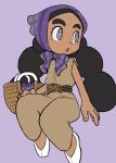  1girl :o bare_arms basket belt black_belt black_hair blush bonnet bright_pupils brown_pants brown_shirt commentary elizabeth_(tomas21) eyelashes grey_eyes hapu_(pokemon) highres long_hair looking_to_the_side open_mouth pants plaid pokemon pokemon_(game) pokemon_sm purple_background shirt shoes simple_background sitting sleeveless sleeveless_shirt solo twintails white_footwear white_pupils 