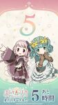  2girls armlet armor armored_boots artist_request beads belt belt_buckle beret black_boots black_bow black_capelet black_hat blunt_bangs blush boots bow breastplate brown_belt brown_gloves buckle capelet circle_skirt clenched_hands closed_mouth commentary_request copyright_name copyright_notice countdown crown dot_nose footwear_bow frilled_capelet frilled_skirt frills full_body futaba_sana gloves green_eyes green_hair green_pantyhose green_sweater hair_beads hair_ornament hands_on_own_chin happy hat hat_bow highres jewelry knee_boots knee_pads kneeling logo long_hair long_sleeves magia_record:_mahou_shoujo_madoka_magica_gaiden magical_girl mahou_shoujo_madoka_magica mahou_shoujo_madoka_magica_magia_exedra medium_hair midriff mini_hat miniskirt multiple_girls neck_ribbon official_art open_mouth outstretched_arms pantyhose pink_eyes pink_hair pink_ribbon purple_bow purple_shirt purple_skirt ribbon second-party_source shirt short_twintails sitting skirt skirt_set smile sparkle star_(symbol) sweater tamaki_ui tareme twintails veil wariza wavy_hair white_background white_boots white_skirt white_veil wide_sleeves yellow_crown 