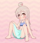  1girl ahoge bare_legs barefoot blue_bra blue_skirt blush bra brown_hair closed_mouth colored_inner_hair grey_hair highres kionant long_hair looking_at_viewer multicolored_hair onii-chan_wa_oshimai oyama_mahiro paid_reward_available panties panty_peek pink_panties skirt soles solo spread_legs toes underwear 