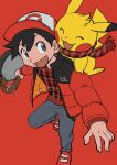  1boy :d alternate_costume bag_removed bangs black_hair commentary elizabeth_(tomas21) grey_eyes grey_pants highres holding jacket leg_up long_sleeves male_focus open_clothes open_jacket open_mouth pants pikachu plaid plaid_scarf plaid_shirt pokemon pokemon_(creature) pokemon_(game) pokemon_lgpe red_(pokemon) red_background red_footwear red_jacket scarf shirt shoes short_hair simple_background smile 