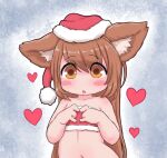  1girl beltbra blush blush_stickers brown_eyes brown_hair christmas ears_down fewer_digits fidgeting flat_chest hat highres kionant looking_at_viewer navel no_nose original parted_lips santa_hat solo strapless tube_top upper_body 