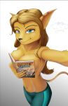 2025 absurd_res angela_cross anthro arm_tuft big_breasts blue_eyes book book_and_boob bottomwear breasts brown_hair clothed clothing collarbone elbow_tuft eyebrows eyelashes female fur hair hi_res lombax mammal meme navel pants ratchet_and_clank sharufiko shoulder_tuft solo sony_corporation sony_interactive_entertainment stripes tail topless tuft yellow_body yellow_fur