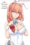  1girl :p absurdres aged_up alternate_hair_length alternate_hairstyle animal_ears artist_name bangs bare_shoulders blue_bow blue_bowtie blue_eyes bow bowtie breasts cleavage commentary detached_collar doki_doki_literature_club english_commentary english_text eyes_visible_through_hair hair_between_eyes hair_bow hair_over_shoulder highres large_breasts leotard light_blush light_brown_hair long_hair patreon_username playboy_bunny rabbit_ears rabbit_tail raion_(raionart) red_bow sayori_(doki_doki_literature_club) smile solo tail tongue tongue_out upper_body white_leotard wrist_cuffs 