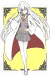  1girl blush border breasts cloak collared_shirt commentary_request diagonal-striped_clothes diagonal-striped_necktie dress_shirt floating_cape floating_clothes floating_hair full_body grey_skirt grey_sweater grin hand_on_own_hip hand_up harry_potter_(series) highres holding holding_wand long_hair looking_at_viewer necktie niea nose_blush orange_necktie parody partially_colored pleated_skirt school_uniform shirt shokuhou_misaki skirt smile solo standing star-shaped_pupils star_(symbol) striped_clothes sweater symbol-shaped_pupils thighhighs toaru_kagaku_no_railgun toaru_majutsu_no_index trim_marks v-neck very_long_hair wand white_border white_shirt white_thighhighs wizarding_world yellow_eyes 