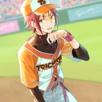  1boy belt blurry blurry_background buttons collar commentary_request ensemble_stars! green_eyes hat isara_mao layered_sleeves long_sleeves male_focus open_mouth partial_commentary purple_belt purple_hair seuga short_hair short_sleeves solo sweat upper_body wiping_sweat wristband 