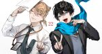  2boys :d ;) absurdres adjusting_scarf axia_krone black_hair black_jacket blonde_hair blue_eyes blue_scarf collared_shirt eyeshadow fangs fushimi_gaku green_necktie grey_sweater_vest hair_between_eyes hand_up highres holding holding_paper id_card jacket looking_at_viewer low_ponytail makeup male_focus mole mole_under_eye multiple_boys necktie nijisanji one_eye_closed paper red_eyeshadow red_necktie scarf shirt short_hair short_ponytail simple_background smile sweater_vest teeth tuo_zzzzz upper_body v virtual_youtuber white_background white_shirt 