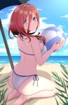  1girl back ball bangs bare_arms barefoot beach beach_umbrella beachball bikini blue_eyes blue_sky blush breasts brown_hair cloud commentary expressionless eyelashes feet from_behind full_body go-toubun_no_hanayome grass hair_between_eyes hair_over_shoulder head_tilt highres holding holding_ball holding_beachball large_breasts legs long_hair looking_at_viewer looking_back nakano_miku ocean outdoors profnote ribbon-trimmed_bikini seiza shadow sideboob sitting sky solo swimsuit thighs umbrella wet white_bikini 