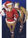  2boys ^_^ ^o^ achilles_(fate) aged_down ankle_cuffs antlers asymmetrical_bangs bangs bell belt black_belt black_gloves blue_background bow bowtie brown_capelet brown_hair buttons capelet centaur chiron_(fate) closed_eyes double-breasted fake_antlers fate/grand_order fate_(series) full_body fur-trimmed_capelet fur-trimmed_gloves fur-trimmed_jacket fur_trim gloves green_eyes green_hair hairband hand_on_hip hat holding holding_sack horseback_riding jacket long_hair looking_at_another looking_back male_child male_focus mayuhiko3310 multiple_boys neck_bell outside_border parted_bangs parted_lips pillarboxed red_bow red_bowtie red_headwear red_jacket reindeer_antlers riding sack santa_costume santa_hat short_hair smile snowing taur teeth 