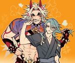  2boys abs anger_vein angry aqua_hair bara blue_hair cheek_pinching clenched_teeth dante_(rottendevilman) dimple genshin_impact glaring grabbing_another's_hair hand_on_another's_cheek hand_on_another's_face highres horns long_hair mature_male mole mole_under_mouth multiple_boys muscular muscular_male pinching red_horns sharp_teeth teeth thick_eyebrows v-shaped_eyebrows white_hair 