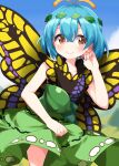  1girl antennae aqua_hair blush brown_eyes butterfly_wings closed_mouth collarbone dress eternity_larva fairy green_dress hair_between_eyes highres leaf leaf_on_head multicolored_clothes multicolored_dress one-hour_drawing_challenge ruu_(tksymkw) short_hair short_sleeves smile solo touhou wings 