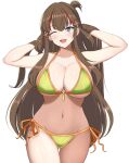  1girl ;d arm_up bangs bikini blue_eyes blush breasts brown_hair cleavage collarbone commentary cowboy_shot flower-shaped_pupils flower_knot green_bikini groin hair_between_eyes hair_lift hair_ornament halterneck hand_up highres large_breasts long_hair looking_at_viewer multicolored_bikini multicolored_clothes multicolored_hair navel one_eye_closed one_side_up orange_bikini red_hair senran_kagura senran_kagura_new_link side-tie_bikini_bottom sidelocks simple_background smile solo standing stomach streaked_hair surippa1010 swimsuit symbol-shaped_pupils thigh_gap toki_(senran_kagura) two-tone_hair underboob very_long_hair wavy_hair white_background 