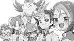  2girls 3boys :d ahoge animal_ears backwards_hat baseball_cap bowl bowl_cut bowl_hat cat_ears cathy_(yu-gi-oh!) clenched_hand commentary_request commission glasses greyscale grin hair_bun hair_ribbon hat height_difference jewelry looking_at_viewer loose_necktie mizuki_kotori_(yu-gi-oh!) monochrome multicolored_hair multiple_boys multiple_girls necklace necktie omoteura_tokunosuke ribbon school_uniform short_hair simple_background single_hair_bun skeb_commission smile spiked_hair takeda_tetsuo todoroki_takashi tsukumo_yuuma two-tone_hair ukokkei upper_body v-shaped_eyebrows white_background wing_collar yu-gi-oh! yu-gi-oh!_zexal 