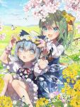  2girls artist_name at_field blue_dress blue_eyes blue_hair blue_sky bug butterfly cherry_blossoms cirno daiyousei detached_wings diamond-shaped_pupils diamond_(shape) dress duplicate field flower flower_field flower_ring flower_wreath frilled_sleeves frills green_hair hair_between_eyes hair_flower hair_ornament hair_ribbon hand_on_another's_head ice ice_wings knees_up long_hair medium_hair mountain multiple_girls open_mouth outdoors pinafore_dress pink_flower ponytail red_ribbon ribbon signature sitting sky sleeveless sleeveless_dress symbol-shaped_pupils teeth touhou toutenkou tree twitter_username under_tree upper_teeth_only watermark wings yellow_flower yellow_ribbon 