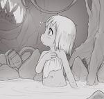  1girl backpack backpack_removed bag bathing covering creature greyscale kionant made_in_abyss medium_hair monochrome navel notice_lines nude nude_cover original parted_lips partially_submerged rabbit signature solo wet wet_hair 